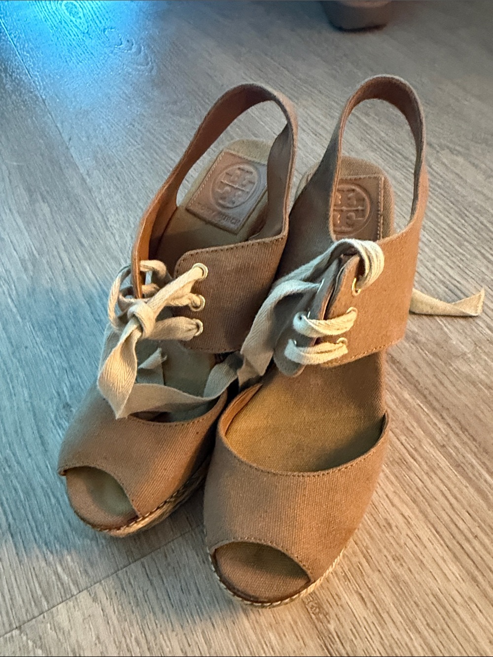 Tory Burch Tan Espadrille Lace-Up Wedge Sandals